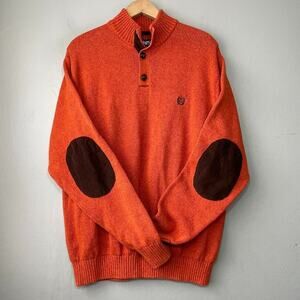Chaps Mens Size XL Orange Henley Elbow Patch Sweater Fisherman Academia Rugby